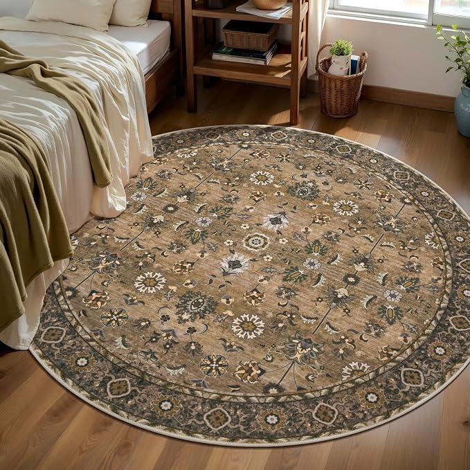 Tangsoo Washable Round Rug 4ft, Vintage Non Slip Small Circle Rugs Brown | Farmhouse Soft Low Pile Round Area Rug Carpet, Boho Circular Rugs for Living Room Bedroom Entryway Nursery Dorm Office Decor