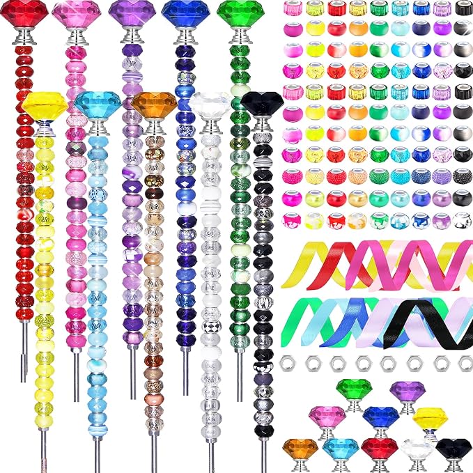 291 Pcs Beaded Garden Stakes Kit, DIY Fairy Wand Garden Stakes Beads Kit Colorful Large Hole Bead Crystal Stopper Top 10 Stainless Steel Threaded Rod Beaded Fairy Wands Supplies For Outdoor Decorative