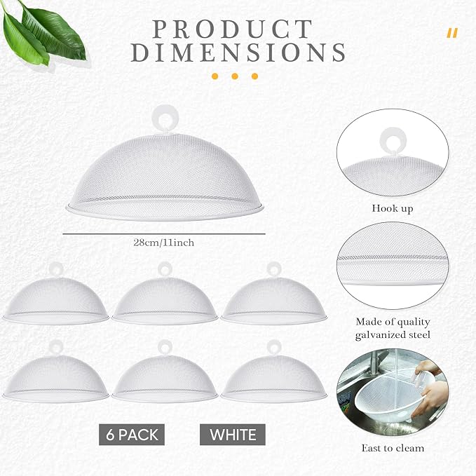 Gerrii 6 Pcs Metal Mesh Food Cover Outdoor Mesh Food Tents Dome Screen Plate Covers for Dinner Plates Reusable Fruit Fly Nets Picnic Umbrella for Table, BBQ, Camping, Party(White,11 Inch)