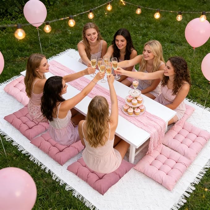 90 x 70.8 Extra Large Outdoor Boho Picnic Blanket with Pink Table Runner and 6 Throw Floor Pillow Cushion Woven Cotton Yarn Beach Blanket for Picnic Wedding Birthday Baby Shower Backyard Decor