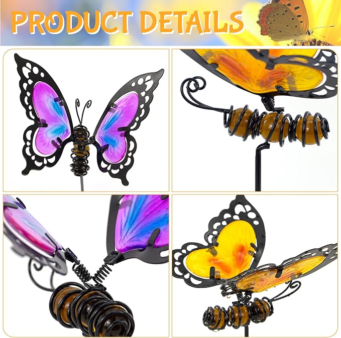 Butterfly Garden Stakes,Butterfly Kit Made of Glass and Metal,Colorful Butterflies Garden Decorations Can Make the Garden Full of Color and Vitality. (Yellow and Purple)