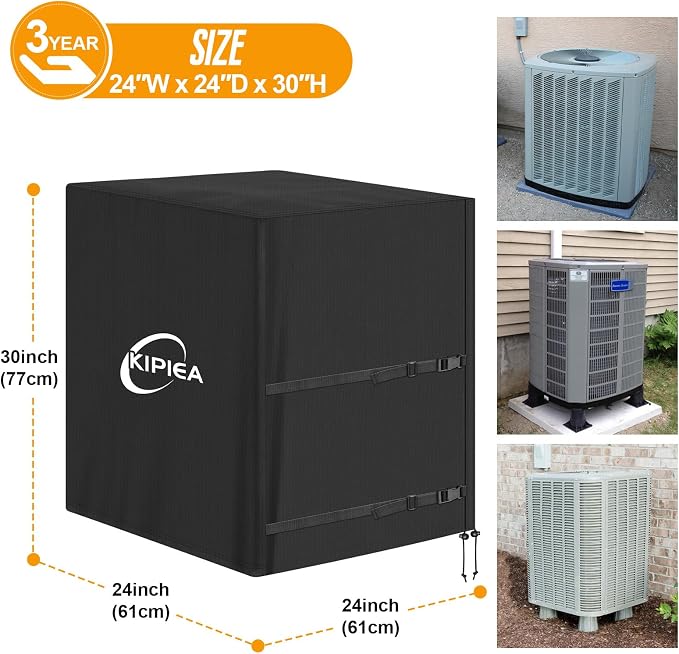 Kipiea Heavy Duty Air Conditioner Cover for Outside Units, Windproof, Anti-UV, Tear & Fade Resistant AC Cover for Winter (24" W x 24" D x 30" H)