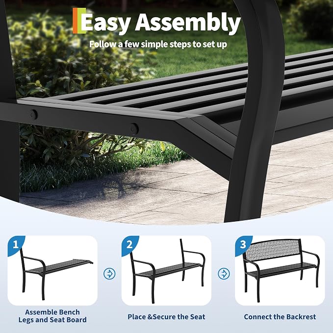 50" Outdoor Metal Garden Bench, Patio Steel Bench with Curved Backrest, Decorative Pattern, Weather-Resistant Porch Bench for Yard, Park, Deck, Backyard