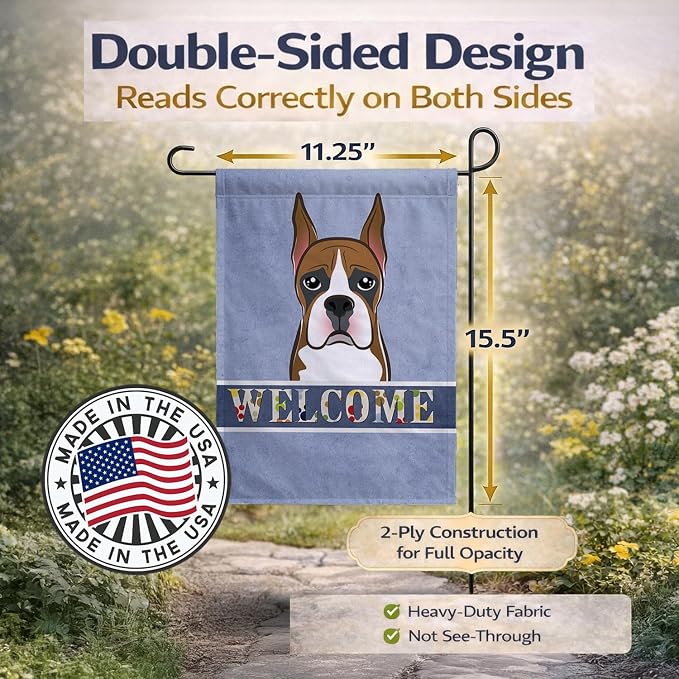 Caroline's Treasures BB1409GF Boxer Welcome Garden Flag, Blue Mailbox Flag Decorative Yard Flag Banner Outside Patio Artwork Yard Flower Beds, Garden Size, Multicolor