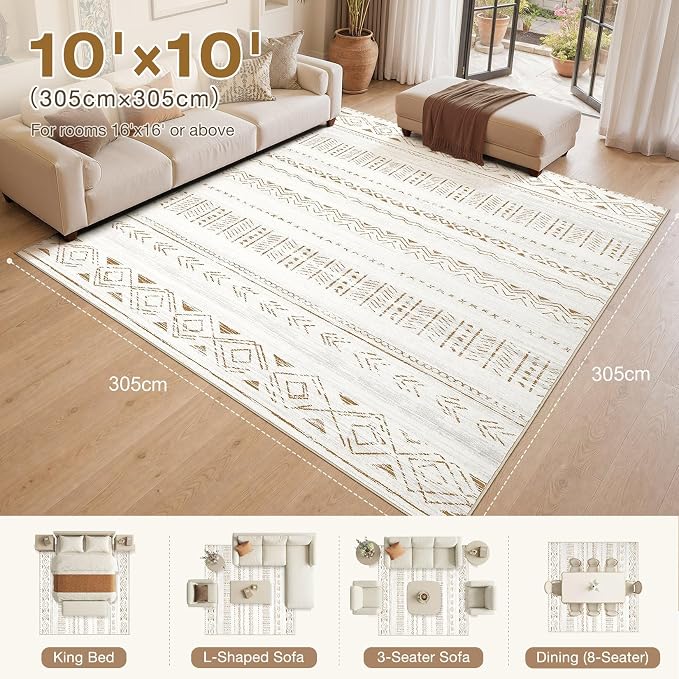 cotiled 10x10 Area Rugs Washable Boho Living Room Rug Brown/Cream | Solve Modern Neutral Trendy Home Decor - Stain Resistan Carpet for Bedroom Farmhouse
