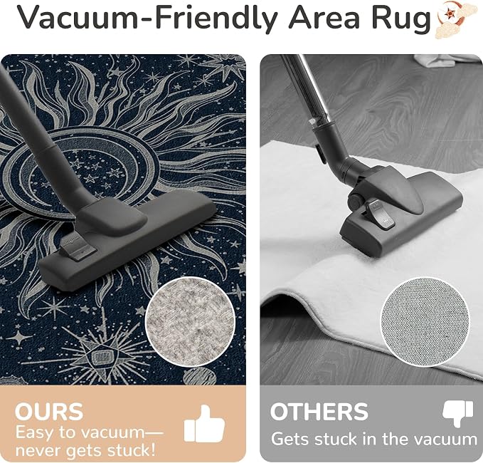 Vacuum-Friendly, 4x6 Washable Area Rug, Blue Gray White | Sun and Moon Boho Gothic Non-Slip Low Pile Living Roon Bedroom Dining Room Kitchen Entry Entryway Entrance Hallway Doormat