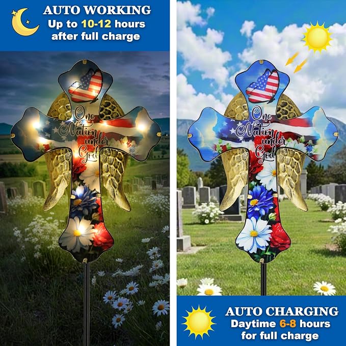 33.5" Independence Day Solar Cross Garden Stake – Angel Wing Memorial Light, IP65 Waterproof Cemetery Decor for Graves, Outdoor Yard Art for Fourth of July, Easter, Patio – Sympathy Gift