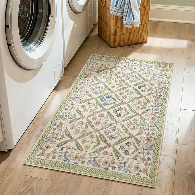 jinchan 2x3 Vintage Floral Washable Accent Entryway Area Rug, Sage Green | Soft & Lightweight, Checkered Floral, Low Pile, Non Slip, Entrance, Kitchen, Bedroom, Laundry Room, Samll, Doormat