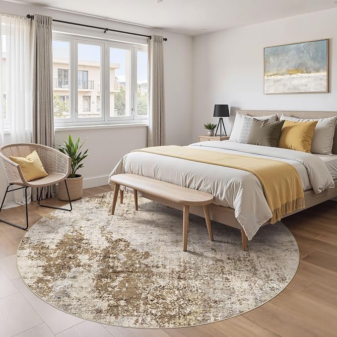 DMOYEST 8ft Round Area Rug for Living Room Washable Non Slip Circle Rug | 8x8 Neutral Modern Abstract Low Pile Rugs Kid & Pet Friendly Soft Carpet for Bedroom Dining Room - Light Brown