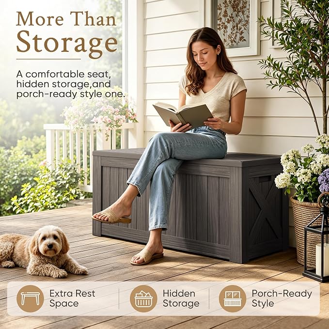 Devoko 120 Gallon Deck Box Resin Outdoor Storage Box Waterproof for Patio, Large Outdoor Storage Bench Lockable for Outside (Deep Brown)