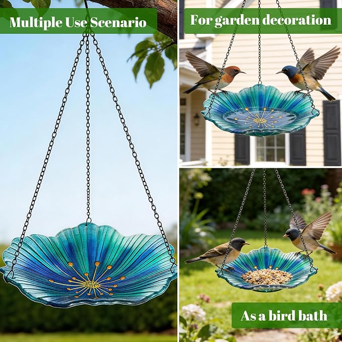 HONGLAND Bird Baths for Outdoors, Glass Birdbaths Outdoor Birdfeeder with Metal Stake (Light Blue with Hanging)