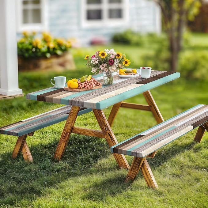 Picnic Table Cover with Bench Covers and Bag, Teal Wooden Camper Waterproof Windproof, Fitted Tablecloth Cover with Elastic Edge, for Indoor & Outdoor, Garden, Camping, 3 Pieces Set, 30x60 Inch