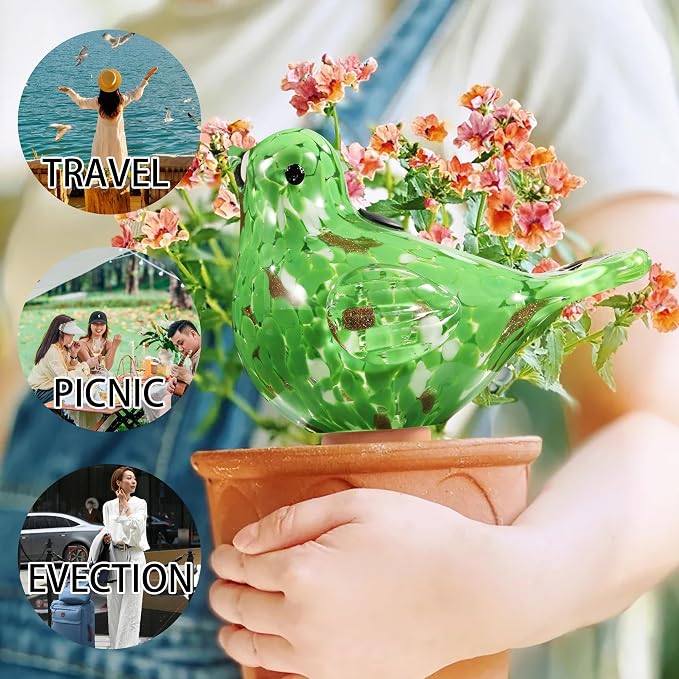 Plant Watering Globes, Bird Glass Self Watering Planter Insert - for Indoor & Outdoor Plants - Glass Plant Water Globes for Daily Use, Planter Spikes to Support Indoor & Outdoor Plant Health, Green