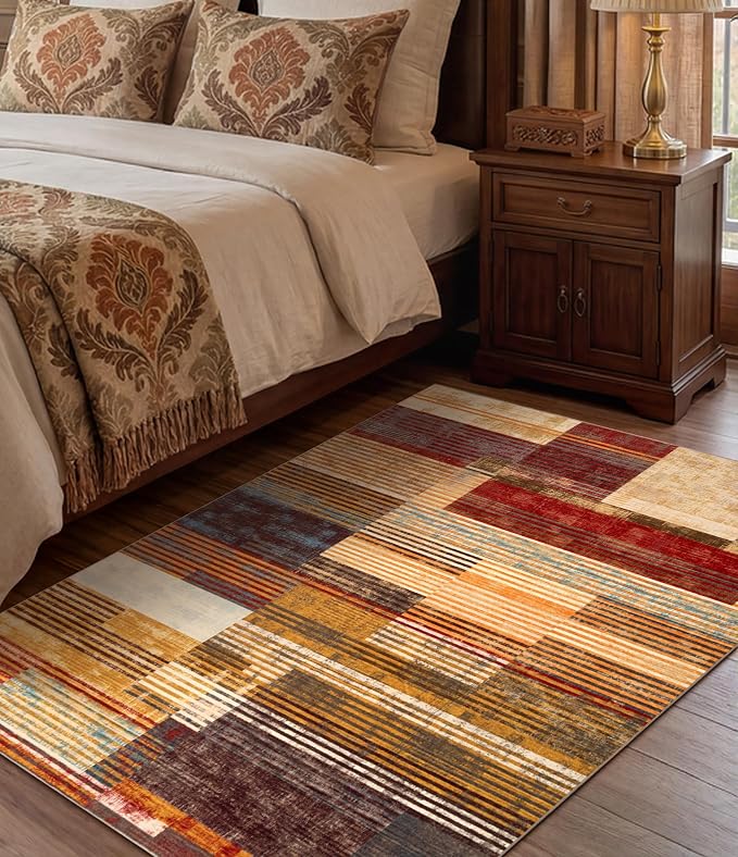 Brown Area Rug 3x5, Farmhouse Rugs Washable,Vintage Burgundy Carpets for Bedroom,Burnt Orange Area Rug Non Slip,Geometric Boho Rug for Kitchen,Dining Room