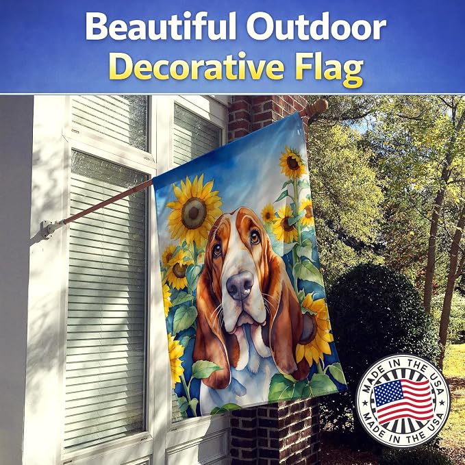 Caroline's Treasures DAC6018CHF Basset Hound in Sunflowers House Flag Large Porch Sleeve Pole Decorative Outside Yard Banner Artwork Wall Hanging, Polyester, House Size, Multicolor
