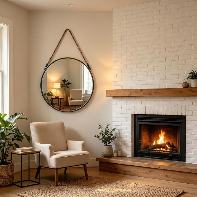 POZINO 30 Inch Large Round Hanging Mirror with Grey Metal Frame | Circle HD Mirror with Jute Rope, Anti-Rust, Farmhouse Decorative Wall Mirror for Entryway, Living Room, Fireplace, Bathroom