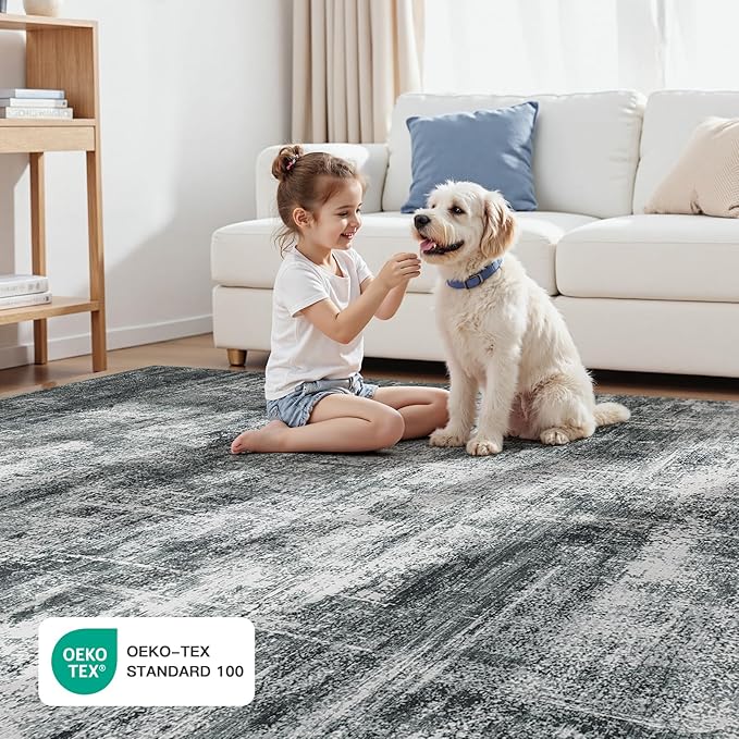8x10 Area Rug for Living Room, Abstract Washable Non-Slip Large Rugs, Grey | Neutral Carpets for Bedroom, Dining Room, Home Office Nursery Indoor, Stain Resistant, Low Pile, Non-Shedding Modern Rug