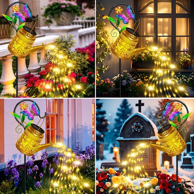 Solar Garden Decor Watering Can Lights Outdoor Waterproof, Butterfly Hanging Lantern with Shepherd Hook, Waterproof Garden Lights for Outdoor Landscape Pathway Yard, Gifts for Mom Grandma Mothers Day