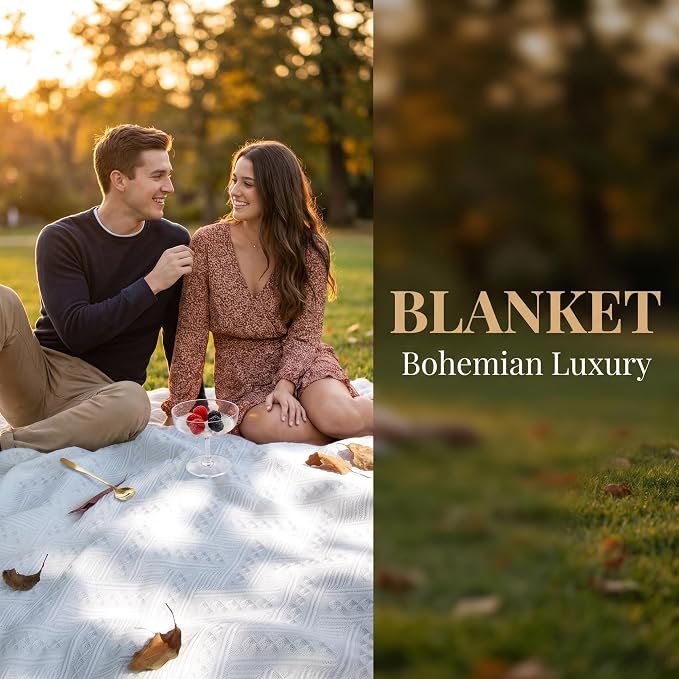 70x70 Bohemian Picnic Mat Extra Large, Sand Proof Outdoor Camping Blanket Machine Washable, Lightweight Portable Travel Tarp for 5-7 Adults Beach Park Grass (White-T-Grid)