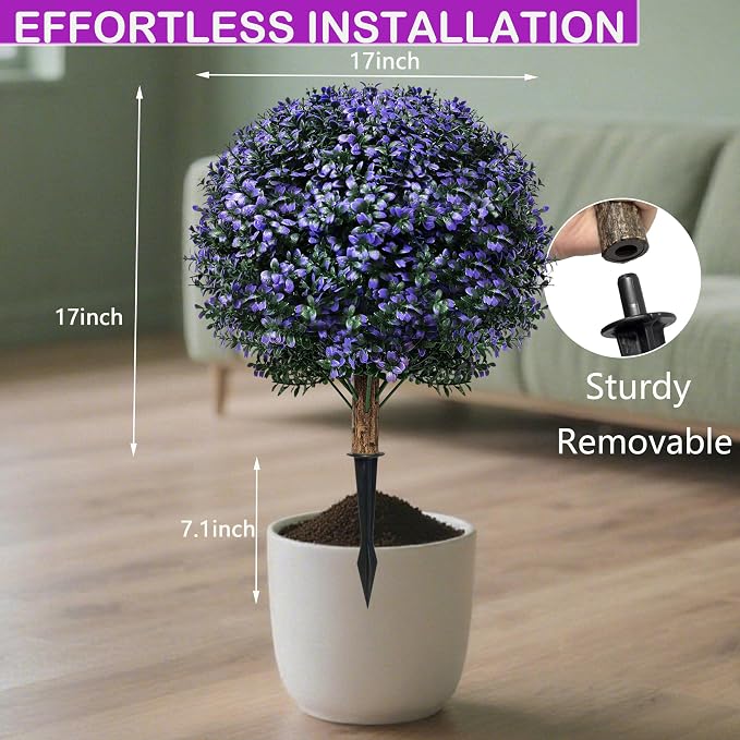 THKFUL Artificial Boxwood Topiary Ball Tree Outdoor Set of 2,Faux Bushes Plants with Spike,Artificial Boxwood Ball Fake Shrubs with Stake UV Resistant for Front Door Outdoor Planter Garden D17