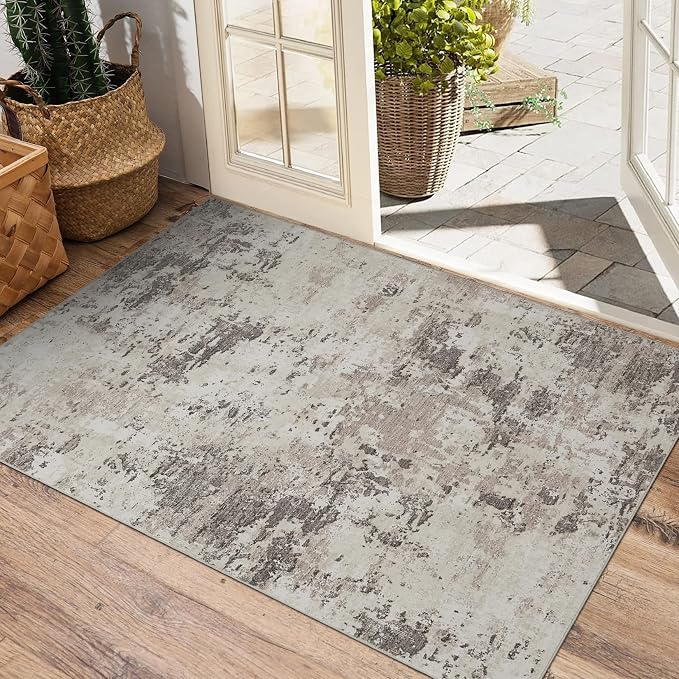 ROYHOME Modern Abstract 2x3 Area Rug Non Slip, Brown Grey | Non Shedding Low Pile Stain Resistant Rug for Entryway Kitchen Bedroom