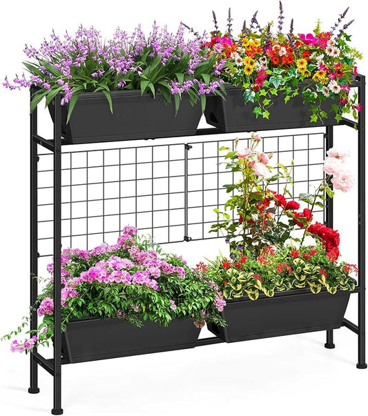 OYEAL Raised Garden Beds Outdoor with Legs 32" Tall Herb Garden Planters Box Raised Flower Beds for Gardening, Vertical Privacy Planter with Trellis for Patio, Porch, Backyard, Balcony, Grey