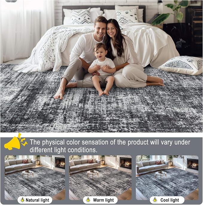 PLHXFR 6x9 Area Rug Living Room: Abstract Washable Carpet Dark Black | For Bedroom Dining Room Farmhouse Nursery Home,Machine washable,Non Slip,Large Soft Neutral,Stain Resistant, Indoor Floor