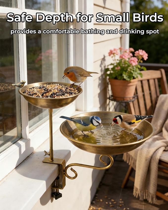 Deck Mounted Dual-Tier Bird Bath with Adjustable Clamp Metal Balcony Bird Bath & Bird Feeder for Railing, Patio, Fence – Easy Clean Outdoor Birdbath for Cardinals, Finches & Sparrows