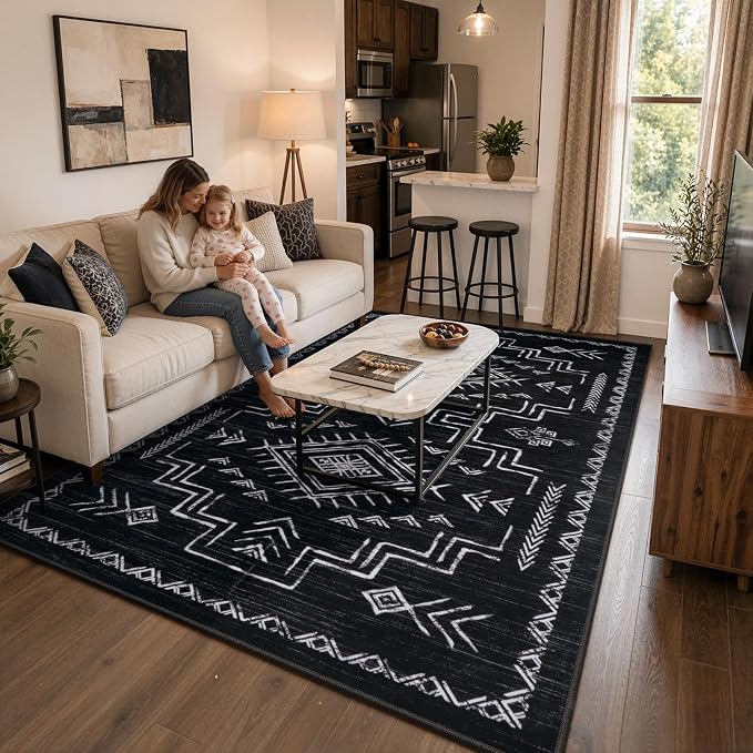 STARUIA Washable 8x10 Black and White Area Rug for Living Room, Western Aztec Tribal Moroccan Area Rug, Boys Neutral Rug for Bedroom, Non-Slip Large Carpet Under Dining Table Home Office