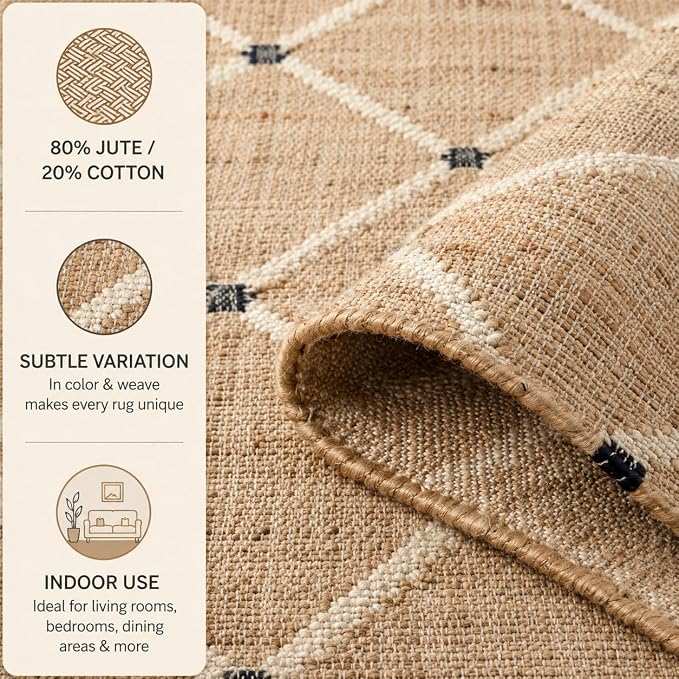 FRELISH DECOR Hand Woven Jute Area Rug 6'x9'- Geometric Design (Natural) | Indoor Natural Fiber Hallway Jute Rug - Rustic Farmhouse Carpet for Kitchen, Entryway, Hallway, Bedroom