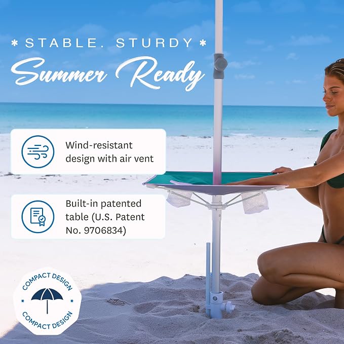 AMMSUN 7ft Heavy Duty High Wind Beach Umbrella with sand anchor, Built-in Table Tray & Tilt Pole, Air Vent, UPF 50+ Windproof Portable Outdoor Umbrellas Carry Bag for Patio Garden Pool Backyard (Teal)