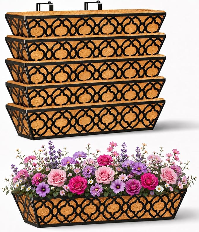 Y&M Railing Planter Boxes 24 Inch 6 Pack, Hanging Balcony Planter, Adjustable Deck Railing Planter Box, Metal Window Boxes Outdoor for Fence, Porch Flower Pots Holder