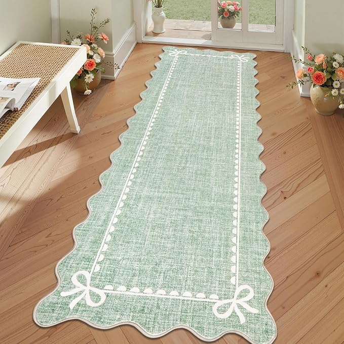 GarveeHome Scalloped Hallway Runner Rug 2.5x8 Non Slip Sage Green Rugs | Washable Bow Rug for Girls Bedroom Dorm Nursery Entyrway Kitchen, Soft Low Pile Ultra-Thin Stain Resistant Indoor Carpet