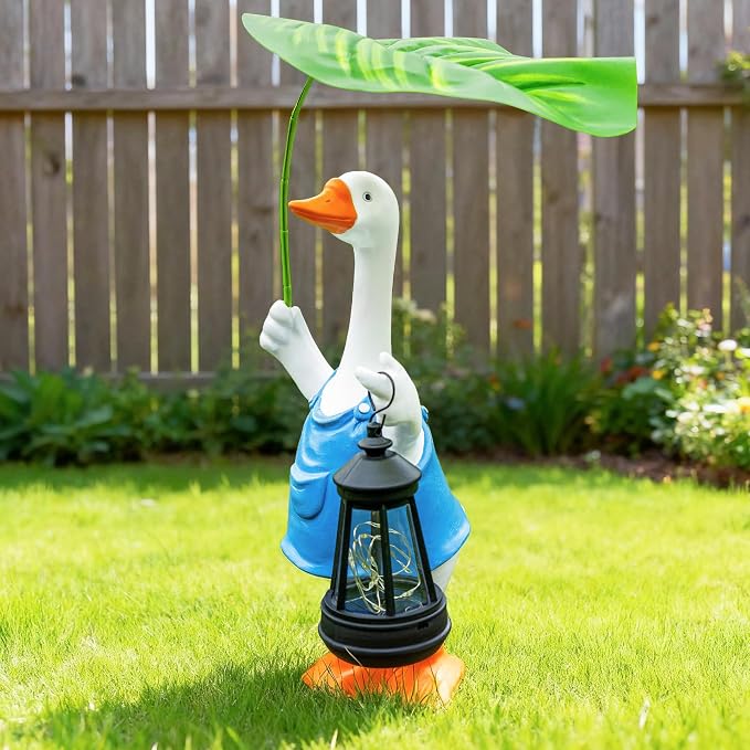 Goose Garden Statues Porch Goose Statue Holding Leaf with Solar Lantern Front Porch Yard Lawn Summer Outdoor Decorations Duck Unique Christmas Birthday Gifts for Mom Women