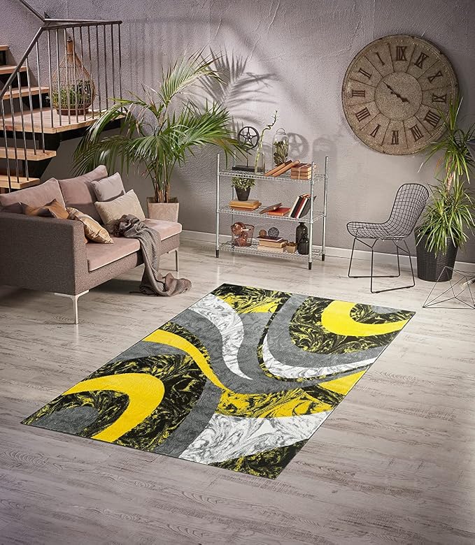 Yafa Home Fashion Modern Contemporary Swirls Design Area Rug, Luxurious, Elegant, and Fashionable Area Rug (Yellow, 2 ft X 7 ft)