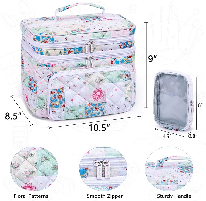 AMOIGEE Double-Layer Sewing Organizer Storage Bag with 2 Detachable Pouches, Large Quilted Sewing Basket for Supplies & Tools, Portable Travel Sewing Kit Case, Gift for Mom(Bag ONLY)