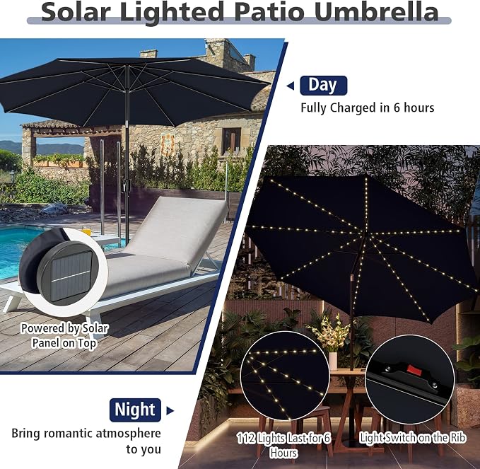 HAPPYGRILL 10 FT Solar Patio Umbrella with 112 LED Light, Outdoor Umbrella with Tilt Adjustment, Crank System, 8 Metal Ribs & Vented Top, Deck Table Market Umbrella for Garden Pool Deck Yard