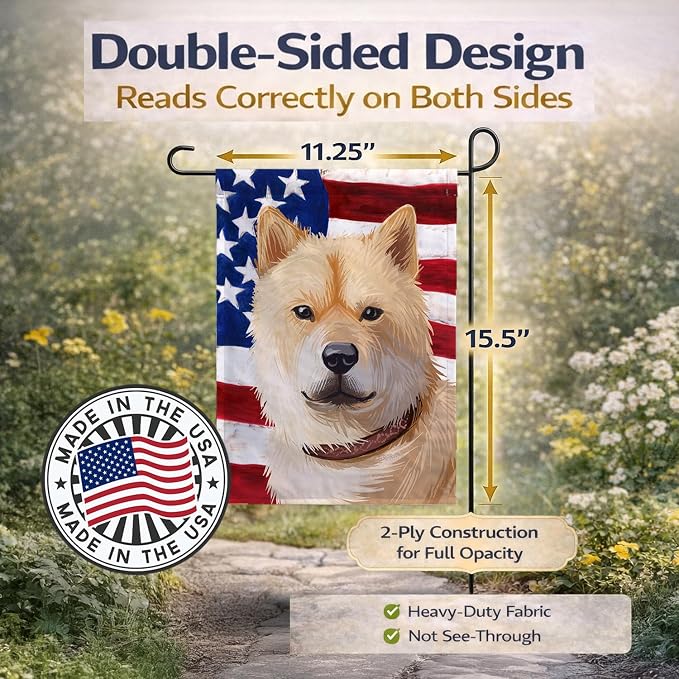 Caroline's Treasures CK6560GF Hokkaido Dog American Flag Garden Flag Mailbox Flag Decorative Yard Flag Banner Outside Patio Artwork Yard Flower Beds, Garden Size, Multicolor