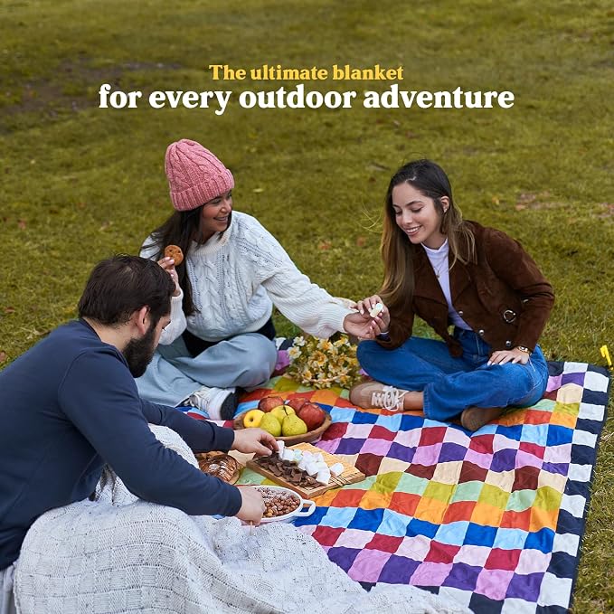 Cozy Club Waterproof Picnic Blanket – Foldable Outdoor Mat 60x70 with Stakes, Pocket & Shoulder Strap | Sandproof Beach Blanket for Festivals, Camping & Travel | Self-Packing | Multicolor | US Brand