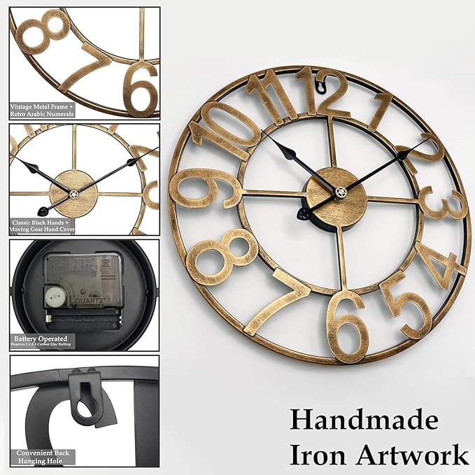 Large Outdoor Clock Waterproof, 20 Inch Patio Wall Clock Silent Non-Ticking Battery, Retro Vintage Gold Metal Decorative Clock for Farmhouse Living Room, Kitchen, Office
