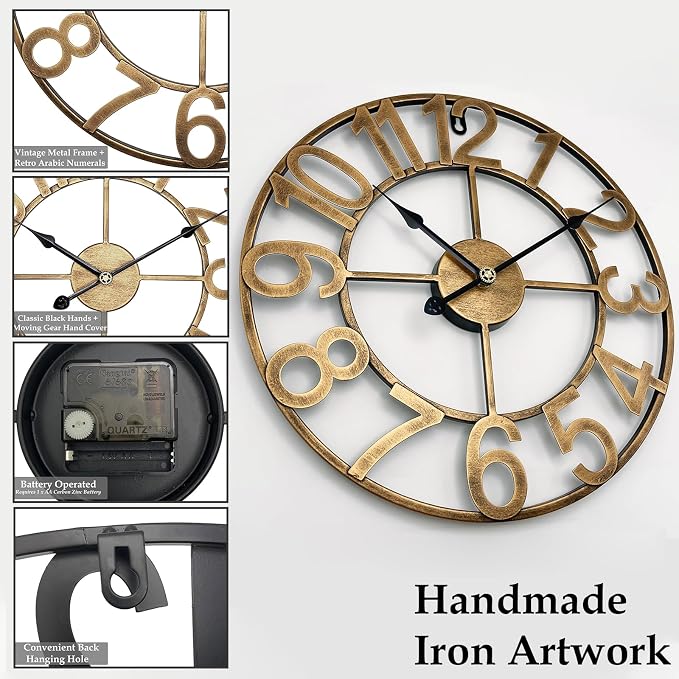 Large Outdoor Clock, 16 Inch Kitchen Wall Clock Silent Non-Ticking Battery, Retro Vintage Gold Metal Decorative Clock for Outdoor Patio, Farmhouse, Living Room, Office