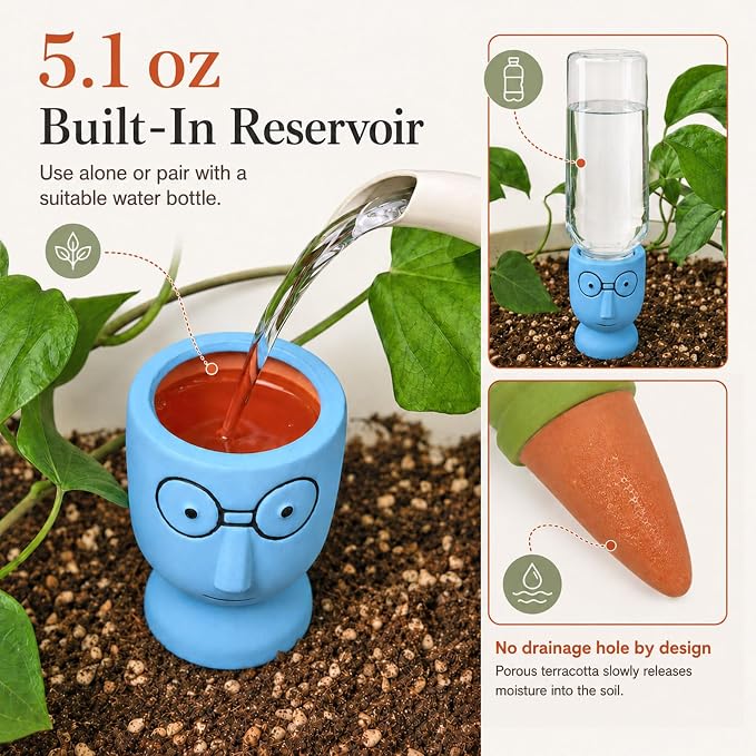 Terracotta Watering Spikes 4 Pack, Cute Self Watering Plant Spikes, Clay Plant Watering Devices, Slow Release Self Watering Planter Insert for Indoor Outdoor Potted Plants (Big Head)