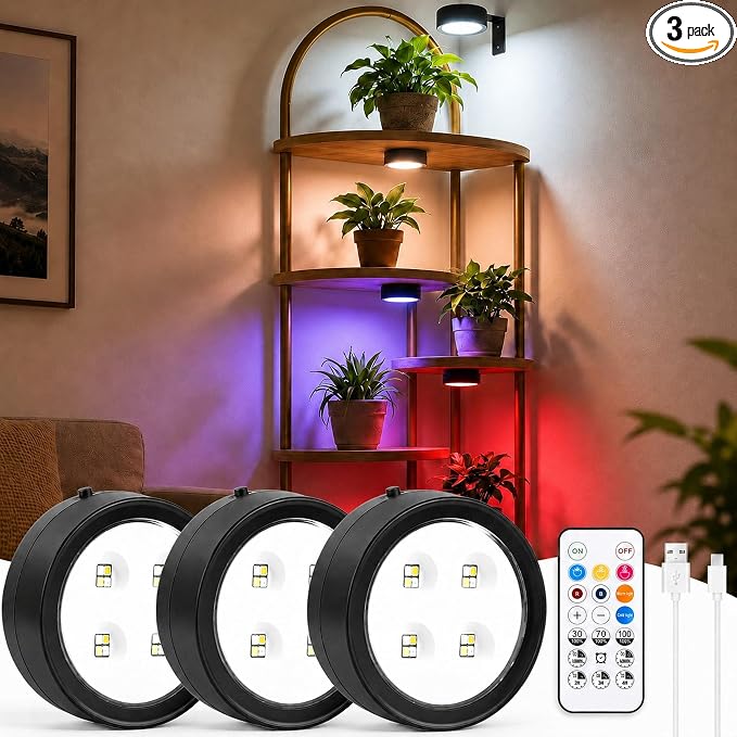 3-Pack Rechargeable Grow Lights for Indoor Plants, Cordless Plant Grow Lamp | Wireless Full Spectrum LED Plant Light with Magnetic, 7 Lights Mode Puck Grow Lamp with Remote Dimmable＆Timer for Plant Shelf