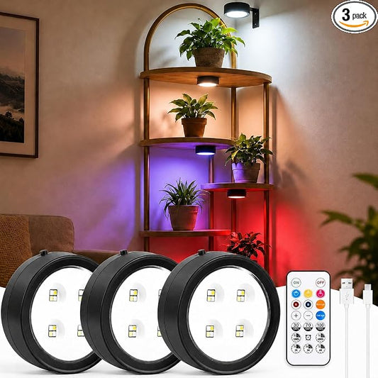 3-Pack Rechargeable Grow Lights for Indoor Plants, Cordless Plant Grow Lamp | Wireless Full Spectrum LED Plant Light with Magnetic, 7 Lights Mode Puck Grow Lamp with Remote Dimmable＆Timer for Plant Shelf