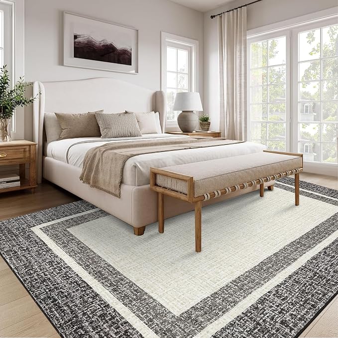 GAOMON 5x7 Area Rugs Washable Rug Non Slip Modern Rug Soft Faux Wool Indoor Carpet Contemporary Bordered Throw Rugs Low Pile Non-Shedding Print Carpet for Bedroom Living Room Dining Room Office Brown
