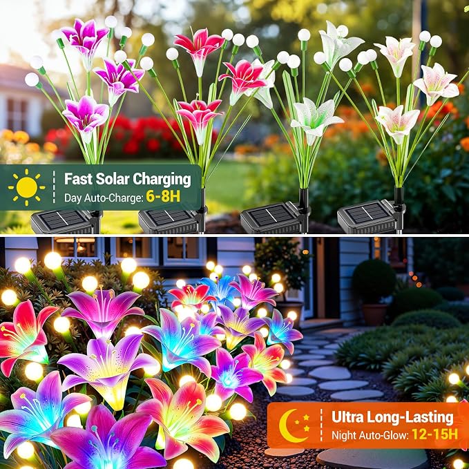 Solar Garden Lights Outdoor: 4 Pack 2-in-1 Color Changing Solar Lily Flower Lights with Firefly Swaying Light, Waterproof Garden Decor for Yard Patio Flowerbed Lawn, Gardening Gifts for Women