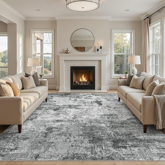 UERMEI 10x12 Area Rug for Living Room - Washable Neutral Modern Abstract Carpet, Non-Slip Soft Large Indoor Floor Rugs for Bedroom Home Office & Under Dining Table Decor, Grey Black