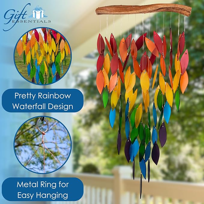 Blue Handworks Rainbow Deluxe Waterfall Glass Wind Chime | Handcrafted Deluxe Waterfall Glass Wind Chime Spanning the Full Rainbow Spectrum - Violet, Blue, Green, Yellow and Red