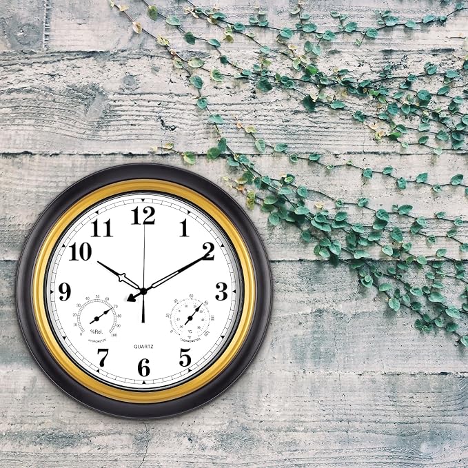 Outdoor Clock 18 Inch, Large Outdoor Clocks Waterproof Weatherproof with Thermometer & Hygrometer Combo, Easy-to-Read Outside Wall Clock for Patio, Garden, Poolside, Backyard, Seniors & Families