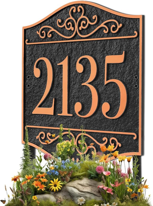 Personalized Lawn Address Sign - Custom Address Plaque,House Number Sign Plaque,House Numbers for Outside Lawn,Ground,Yard,Garden (Black/Red Copper)